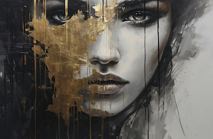 Gold Detailed Female Face Oil Painting Wallpaper - Gold Foil Details, Easy Wall Mural