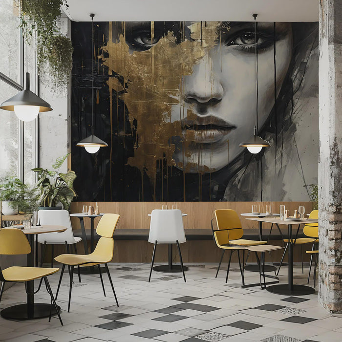 Gold Detailed Female Face Oil Painting Wallpaper - Gold Foil Details, Easy Wall Mural
