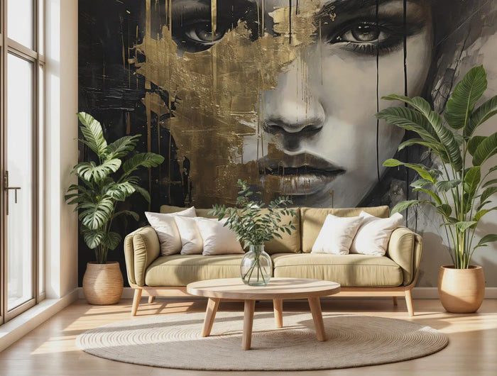 Gold Detailed Female Face Oil Painting Wallpaper - Gold Foil Details, Easy Wall Mural