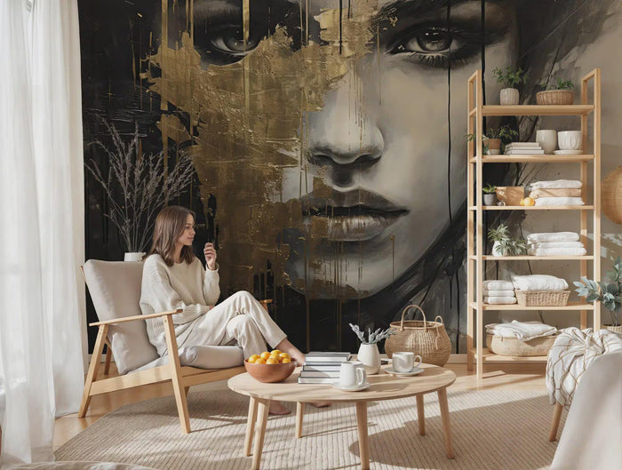 Gold Detailed Female Face Oil Painting Wallpaper - Gold Foil Details, Easy Wall Mural