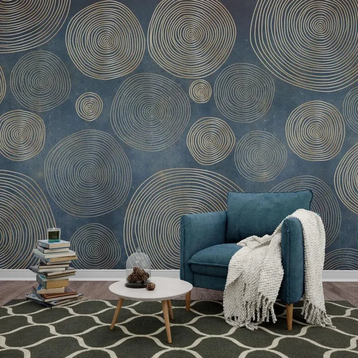 Gold Geometric Circles Wallpaper: Modern Blue Abstract Pattern