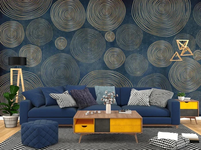 Gold Geometric Circles Wallpaper: Modern Blue Abstract Pattern