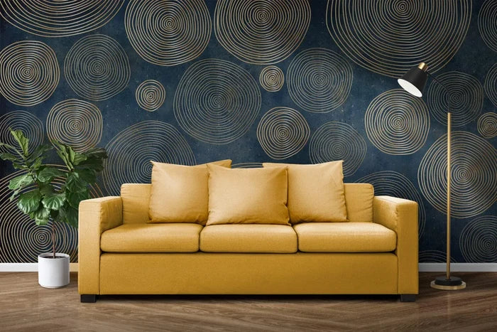 Gold Geometric Circles Wallpaper: Modern Blue Abstract Pattern