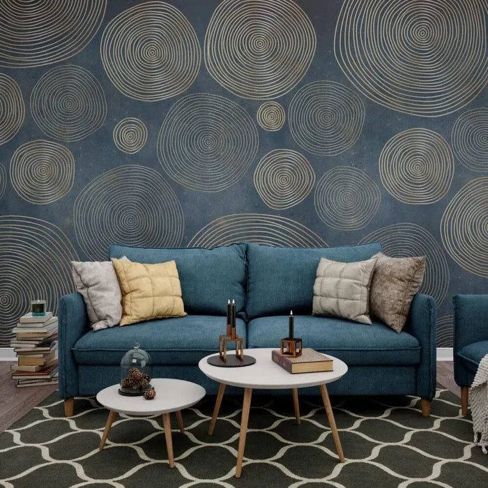 Gold Geometric Circles Wallpaper: Modern Blue Abstract Pattern