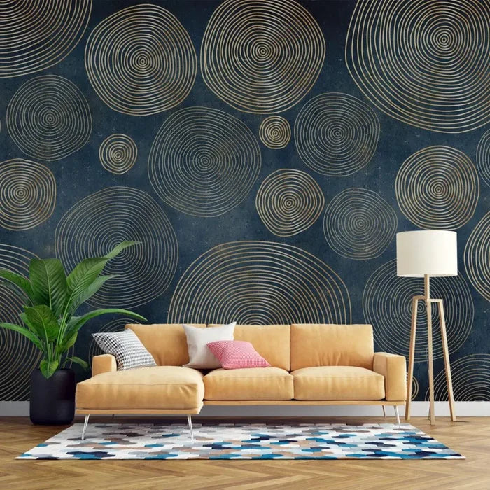 Gold Geometric Circles Wallpaper: Modern Blue Abstract Pattern