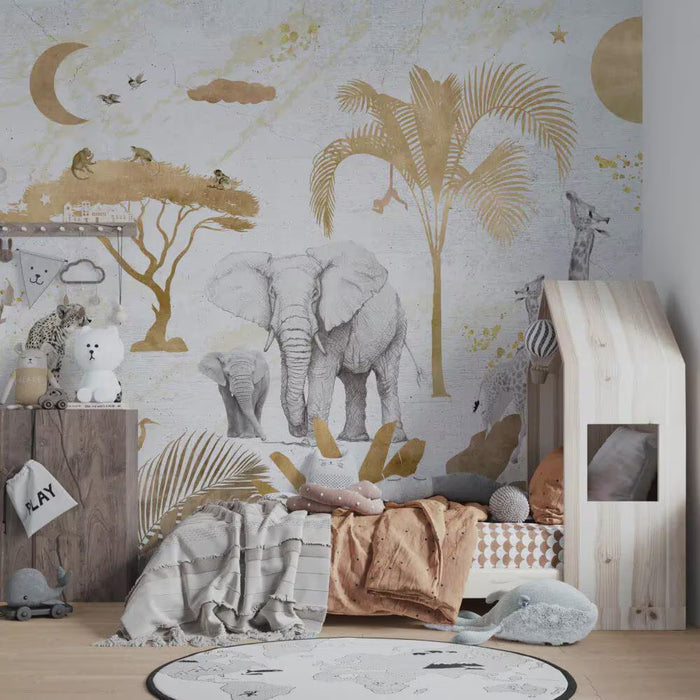Gold Tones Safari Wallpaper - Nursery Wall Decor - Deluxe Textured Wallpaper