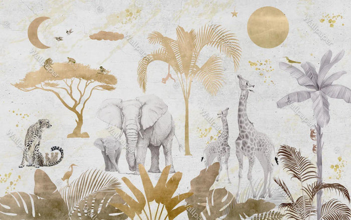 Gold Tones Safari Wallpaper - Nursery Wall Decor - Deluxe Textured Wallpaper