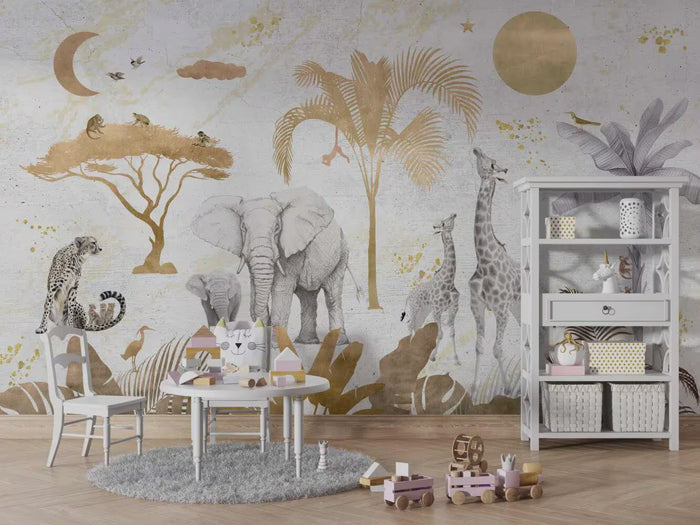 Gold Tones Safari Wallpaper - Nursery Wall Decor - Deluxe Textured Wallpaper