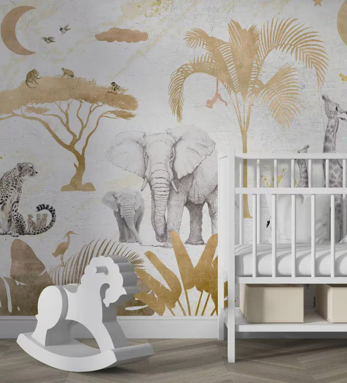 Gold Tones Safari Wallpaper - Nursery Wall Decor - Deluxe Textured Wallpaper
