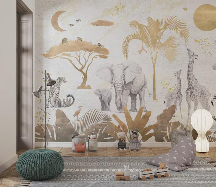 Gold Tones Safari Wallpaper - Nursery Wall Decor - Deluxe Textured Wallpaper