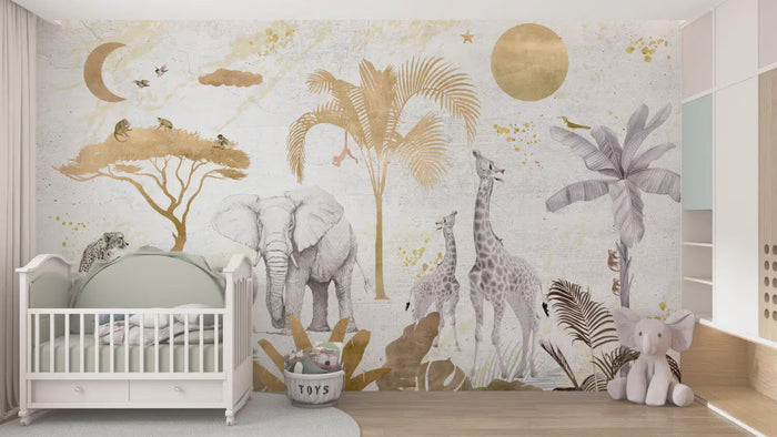 Gold Tones Safari Wallpaper - Nursery Wall Decor - Deluxe Textured Wallpaper