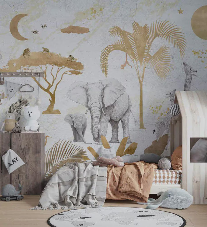 Gold Tones Safari Wallpaper - Nursery Wall Decor - Deluxe Textured Wallpaper