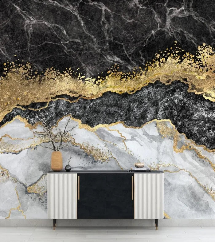 Golden Crack Marble Peel and Stick Wallpaper, Abstract Wall Mural