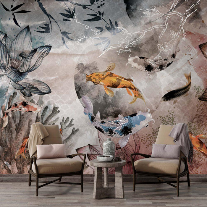 Goldfish & Flowers Peel and Stick Wallpaper: Dark Floral Wall Art