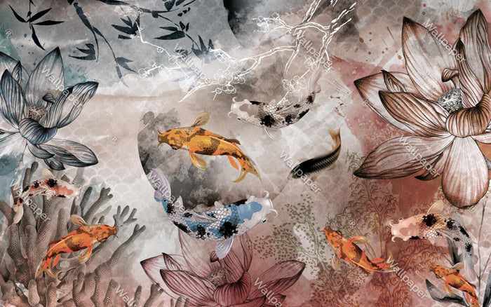 Goldfish & Flowers Peel and Stick Wallpaper: Dark Floral Wall Art