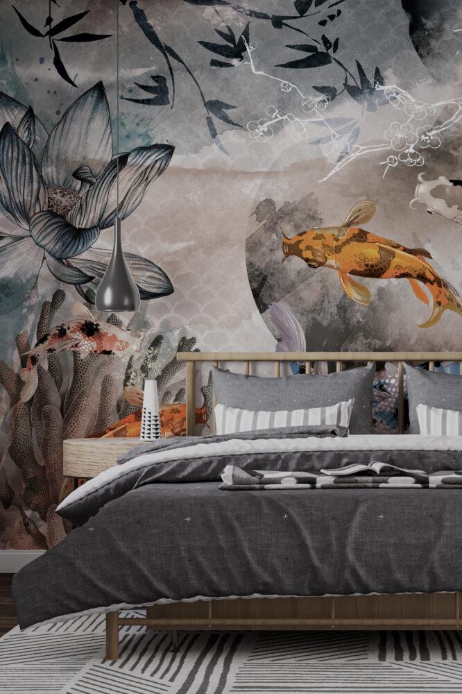 Goldfish & Flowers Peel and Stick Wallpaper: Dark Floral Wall Art