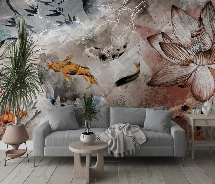 Goldfish & Flowers Peel and Stick Wallpaper: Dark Floral Wall Art