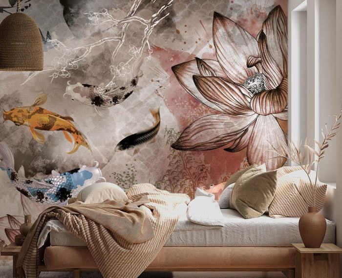 Goldfish & Flowers Peel and Stick Wallpaper: Dark Floral Wall Art