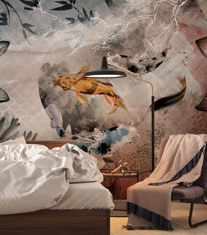 Goldfish & Flowers Peel and Stick Wallpaper: Dark Floral Wall Art