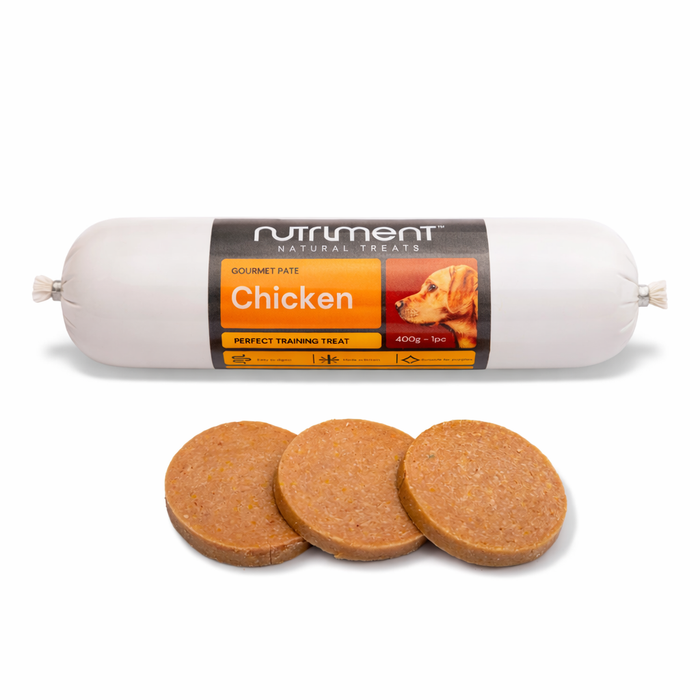A Gourmet Chicken Pate 400g roll with three round slices displayed in front.