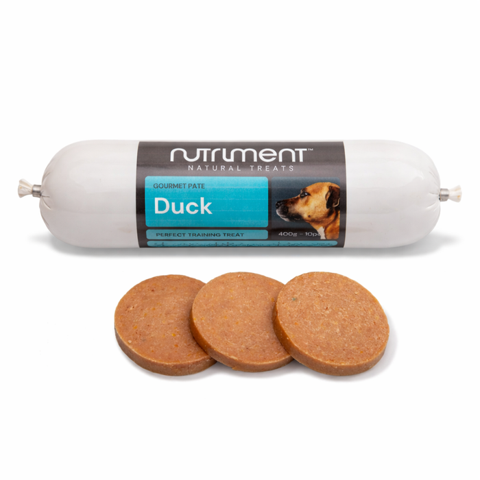 A roll of Gourmet Duck Pate 400g dog food with three round slices displayed in front.