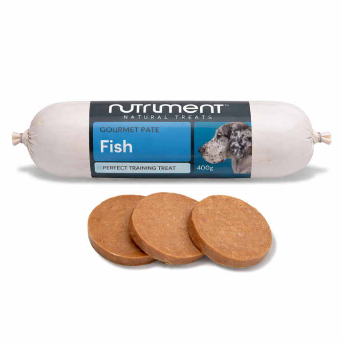 Gourmet Fish Pate 400g tube dog treat shown with three round slices in front of the package.