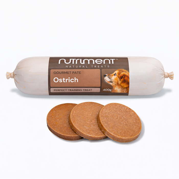 Gourmet Ostrich Pate 400g dog treat with three round slices, made from high-quality ingredients.