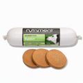 Gourmet Rabbit Pate 400g dog treat roll with three round slices, made from high-quality ingredients.