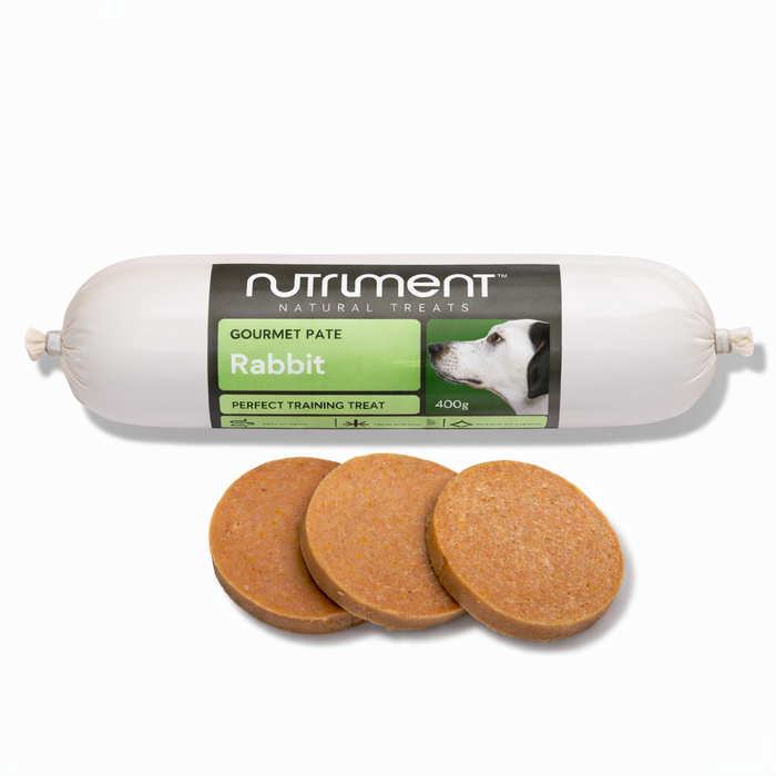 Gourmet Rabbit Pate 400g dog treat roll with three round slices, made from high-quality ingredients.