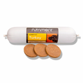 A tube of Gourmet Turkey Pate 400g dog treat with three round slices in front.