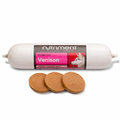 Gourmet Venison Pate 400g dog treat roll with three slices, labeled "Nutriment Natural Treats".