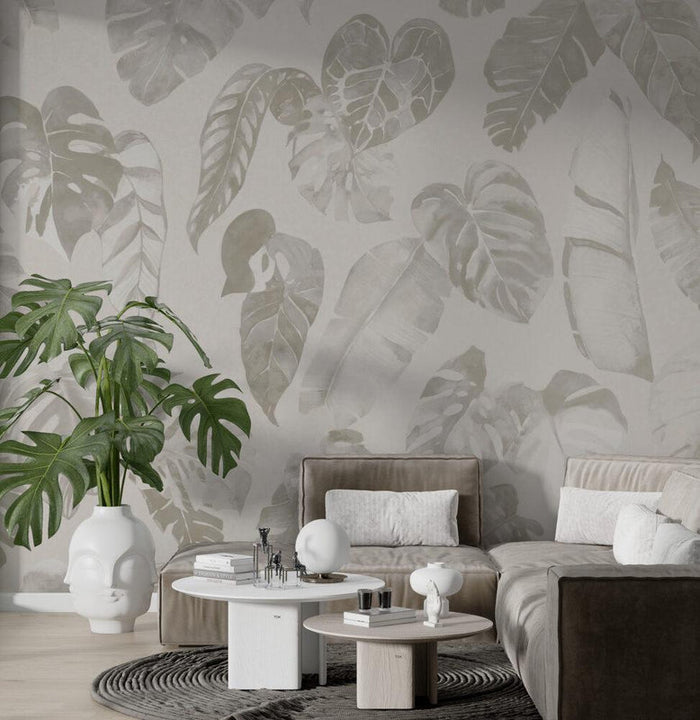 Gray Tropical Leaves Wallpaper: Peel and Stick Removable Wallpaper