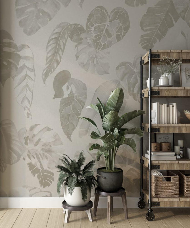Gray Tropical Leaves Wallpaper: Peel and Stick Removable Wallpaper