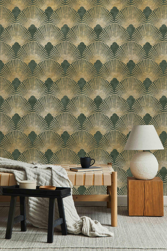 Green and Gold Geometric Wallpaper: Boho Living Room Mural
