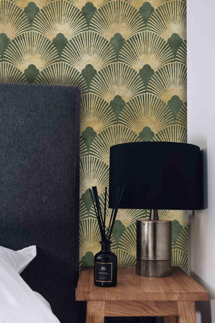 Green and Gold Geometric Wallpaper: Boho Living Room Mural