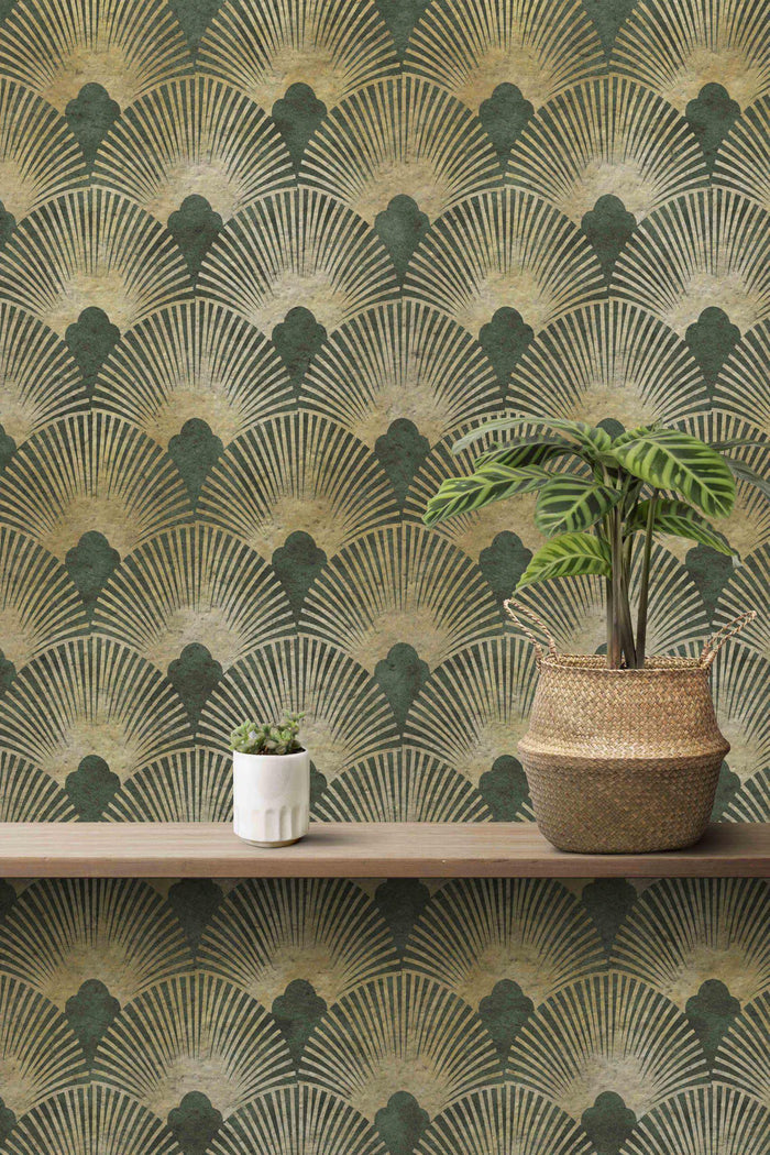 Green and Gold Geometric Wallpaper: Boho Living Room Mural