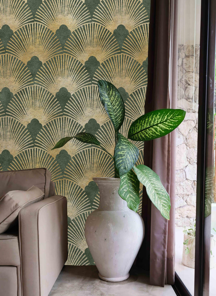 Green and Gold Geometric Wallpaper: Boho Living Room Mural