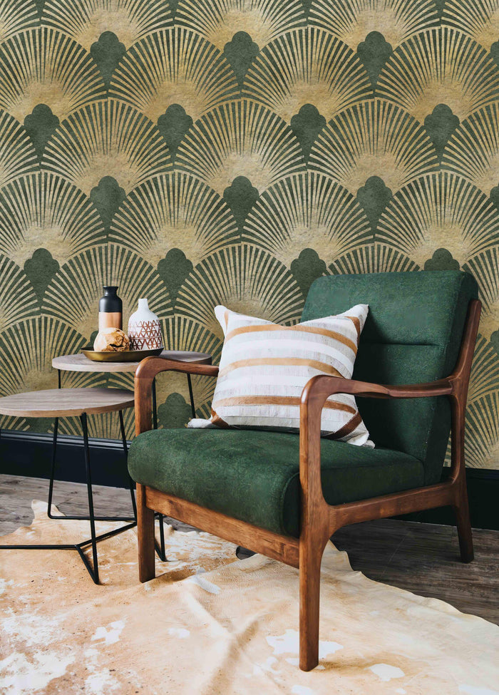 Green and Gold Geometric Wallpaper: Boho Living Room Mural