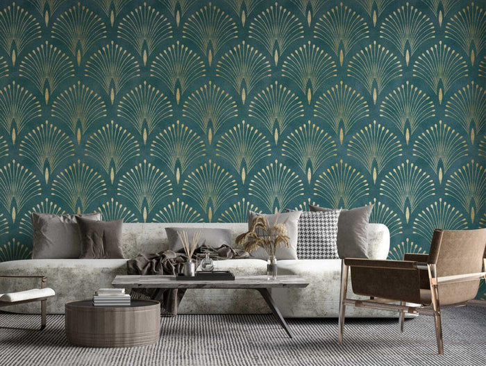 Green & Gold Art Deco Wallpaper: Removable Peel and Stick, Textured Wallpaper