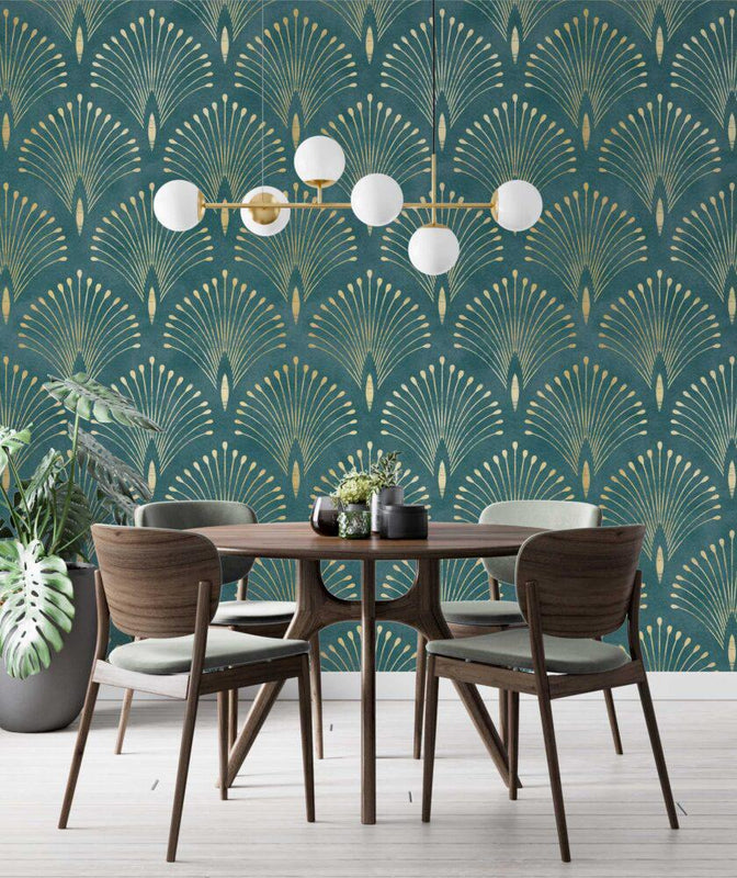 Green & Gold Art Deco Wallpaper: Removable Peel and Stick, Textured Wallpaper