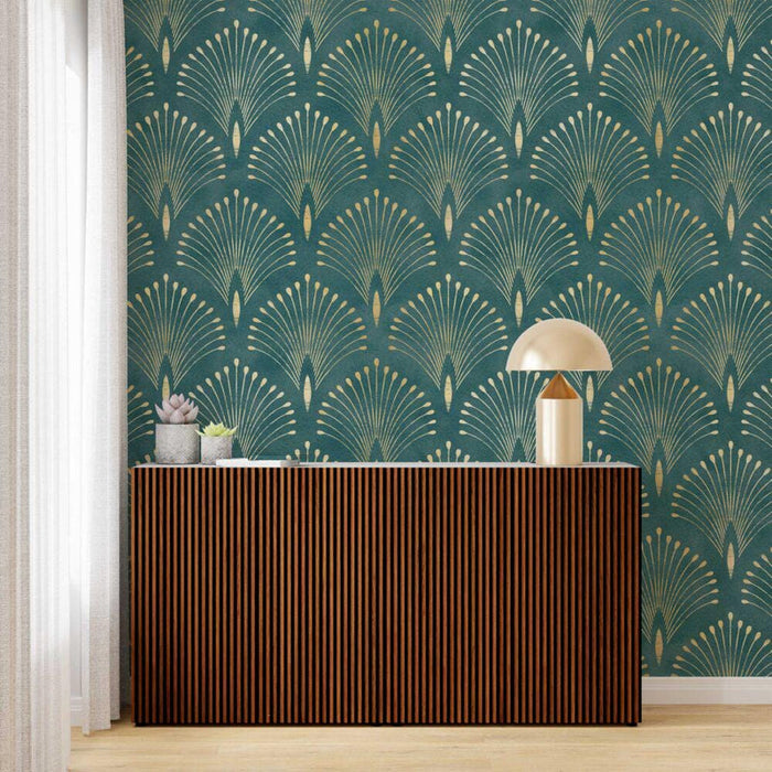 Green & Gold Art Deco Wallpaper: Removable Peel and Stick, Textured Wallpaper