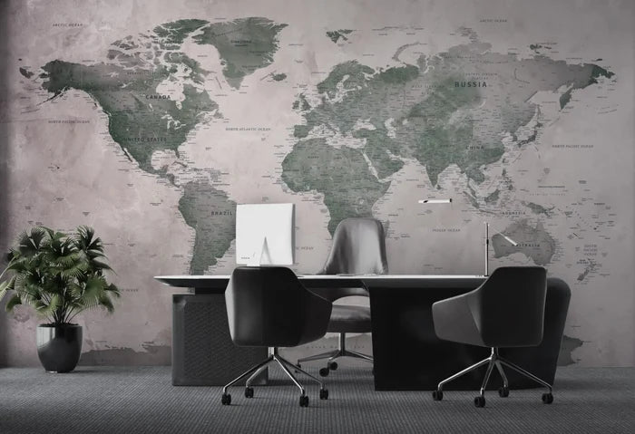Green Tones Map Wallpaper: Stylish Peel and Stick Office Wall Mural