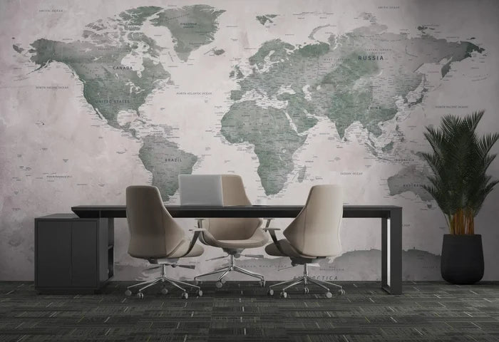 Green Tones Map Wallpaper: Stylish Peel and Stick Office Wall Mural
