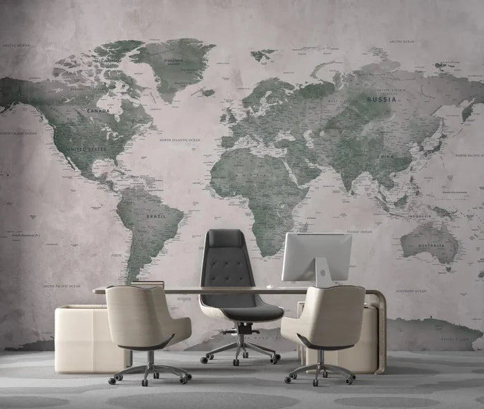 Green Tones Map Wallpaper: Stylish Peel and Stick Office Wall Mural