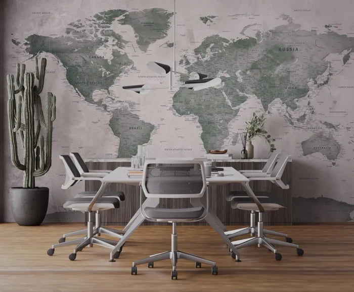 Green Tones Map Wallpaper: Stylish Peel and Stick Office Wall Mural