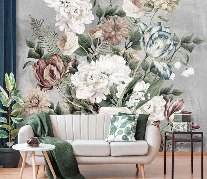 Grey Floral Wall Mural: Giant Roses, Peel and Stick Wallpaper