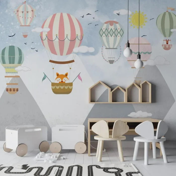 Hot Air Balloons Wallpaper, Flying Animals Kids Room Decor