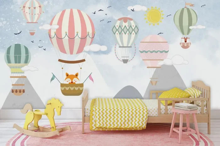 Hot Air Balloons Wallpaper, Flying Animals Kids Room Decor