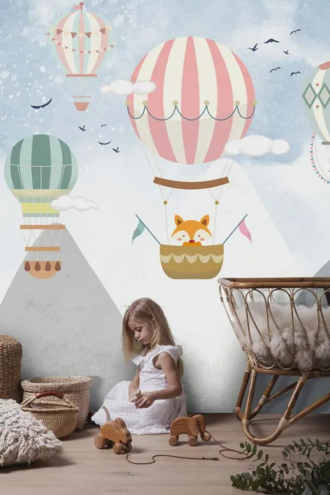 Hot Air Balloons Wallpaper, Flying Animals Kids Room Decor