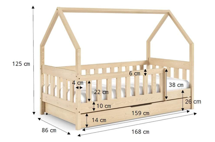 HOUSE SHAPE SOLID PINE BED LAYLA GREY 168x86cm WITH DRAW AND MATTRESSThe bed is made entirely of FSC-certified pine wood, covered with three layers of varnish safe for children. The timeless design will make the bed also a place to play! The removable saf